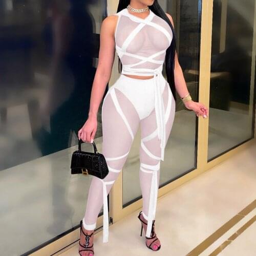 Women Sexy Mesh Patchwork Two Piece Set Ladies Solid Color See Through Vest And Long Pants Suit Black White
