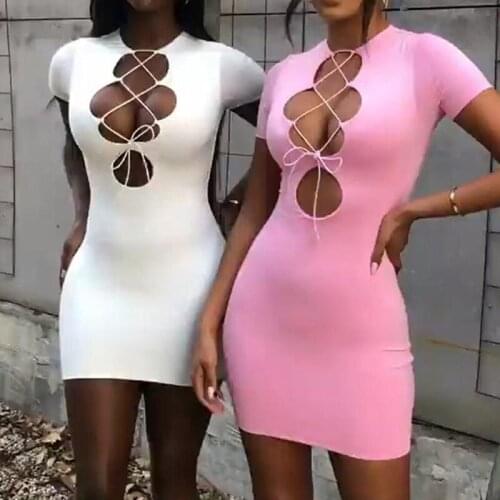 OMSJ Casual Hollow Out Sexy Bodycon Summer Dress 2021 Round Collar Short Sleeve Lace-up Outfits For Women New Streetwear Fashion