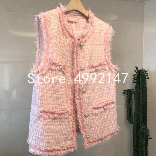 2020 spring autumn women casual plaid tassel pearls buttons tweed vests girls sweet sleeveless jackets waistcoat pink Y708
