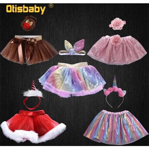 2pcs/Set Kids Sequins Rainbow Unicorn Skirt + Headwear Chothing Set Christmas Girls Holiday Suit Headband + Colorful Tutu Dress