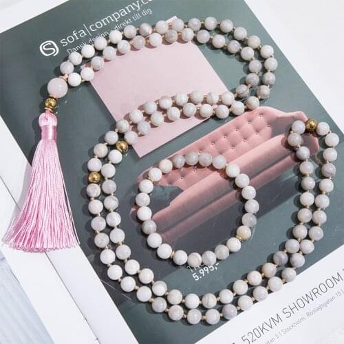 8mm Natural White Crazy Agate Beaded Knotted Necklace Meditation Yoga Healing Jewelry Bracelet Sets108 Japamala Tibetan Rosary