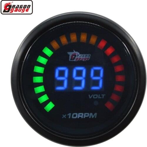 Dragon 2" 52mm Digital Dual Display Auto Gasoline CarTachometer Volt Gauge 1 TO 10 Cylinder 9999 RPM Voltage Meter Free Shipping