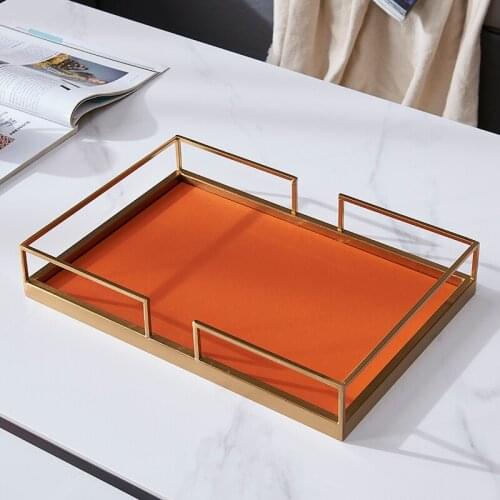 European Modern Simple Accents Home Tabletop Rectangle Shape Orange Leather Storage Tray With Gold Plating Metal Standing Way