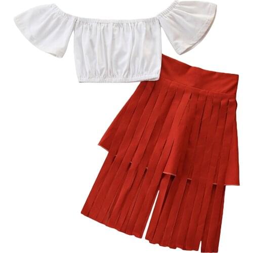 FOCUSNORM 1-6Y Summer Holiday Kids Girls Clothes Sets Off Shoulder Solid T Shirts Tops Tassel Skirts 2pcs