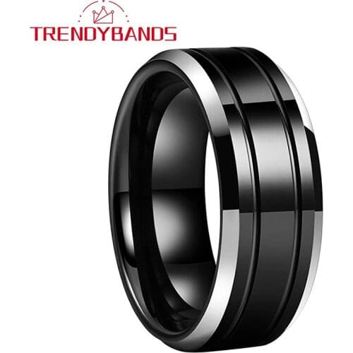 Tungsten Carbide Ring For Men Women 8MM Black Two Grooved Polished Shiny Beveled Edges Comfort Fit