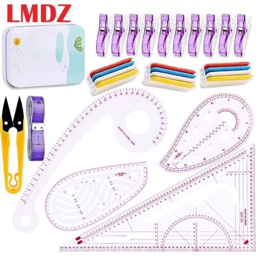 LMDZ 4 Styles Clothing Patterning Sewing Ruler Kits Metric Shaped Plastic Sewing Tools Include Fabric Sewing Clips for Designers