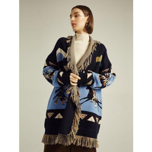2021SS Spring Luxury New Women High Quality Tassel Loose Cashmere Cardigans Coat Female Blue Knitted Sweater