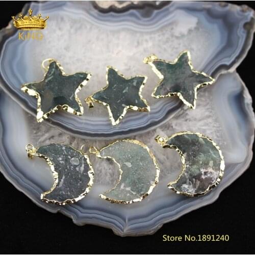5pcs/lot Moss Achate Star Charms Beading Necklace Bulk,Natural Agates Stones Plated Gold Edged Moon Crescent Pendants DSS106