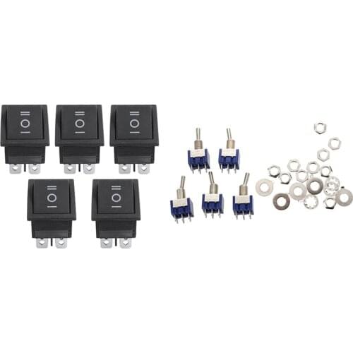 LBER 5Pcs 3 Pin 2P2T DPDT ON-OFF-ON Toggle Switch & 5Pcs 6 Pin DPDT Button On/Off/On Rocker Switch AC 250V/15A 125V/20A