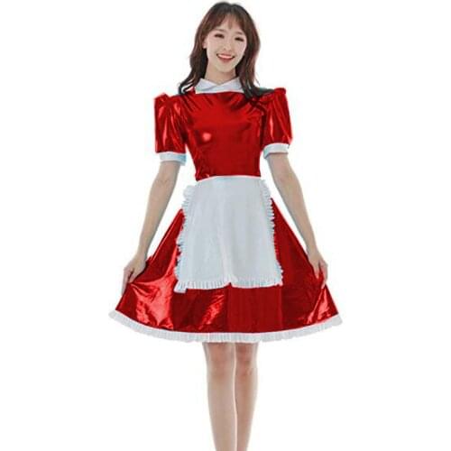 Sissy Maid PVC Leather Dress Gothic Lolita Dress French Maid Cosplay Costume Uniform Outfit Sexy Club Party Dresses with Apron