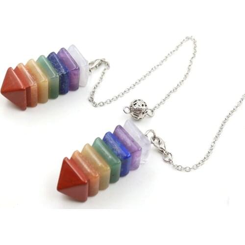 YJXP Colorful Square Pyramid Pendant 7 Layer Crystal Agates Stone Chakra Chain Dowsing Divination Spiritual Balance Pendulum