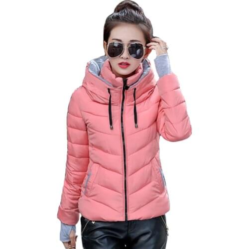 Pop hooded women winter jacket short cotton padded womens coat autumn casaco feminino inverno solid color parka stand collar