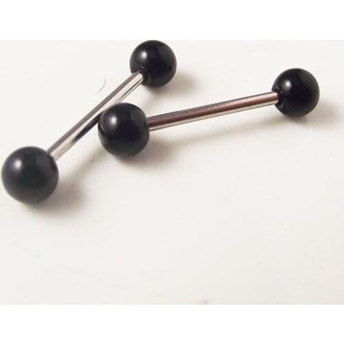 SaYao 2Piece 1.6x14x4mm Black Color Acrylic Ball Tongue Ring Stainless Steel Tongue Barbell Nail Body Piercing Jewelry