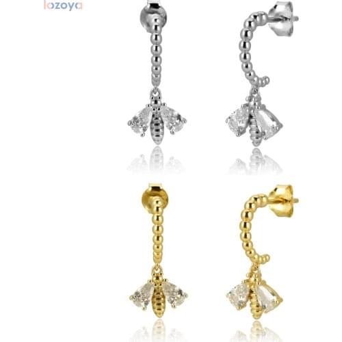 LOZOYA 925 Sterling Silver Gold 8mm Bees Zircon CZ Circle Drop Earring Animal Wing Crystal Luxury Jewelry 2021 Rock Punk Clips