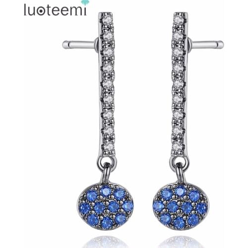 LUOTEEMI Popular Prevalent Fashionable Long Line Blue Color Drop Earrings Copper Cubic Zirconia For Women Wearing Occasion Party