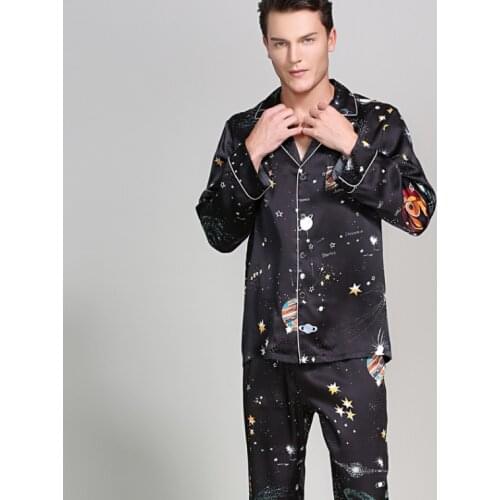 Falaishuka Silk Pajamas Summer Long Sleeve Silkworm Silk Home Wear Two-Piece Suit Mens Spring and Autumn T9020