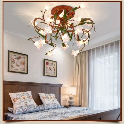 Glass Lily Flower Green Leaves Ceiling Lights American Garden Artistic Ceiling Lighting Living Room Art Deco Lamp