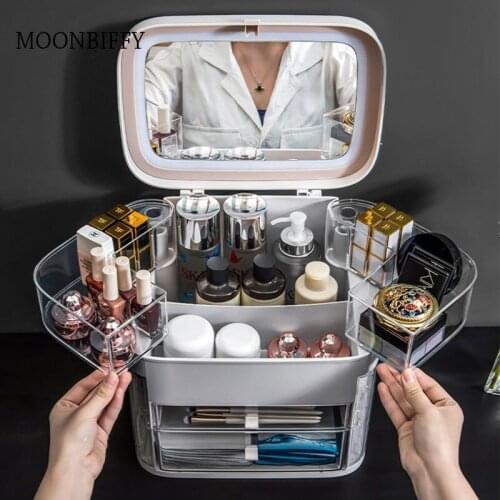 LED Mirror Cosmetic Organizer Portable Makeup Storage Box Jewelry Box Large Make Up Lipstick Container Bathroom Storage Case
