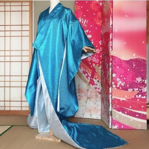 Japanese Custom Made Kimono Outer Garment Tail Costume Beautiful Woman Dress Japanese Performance Blue Yellow Kimono