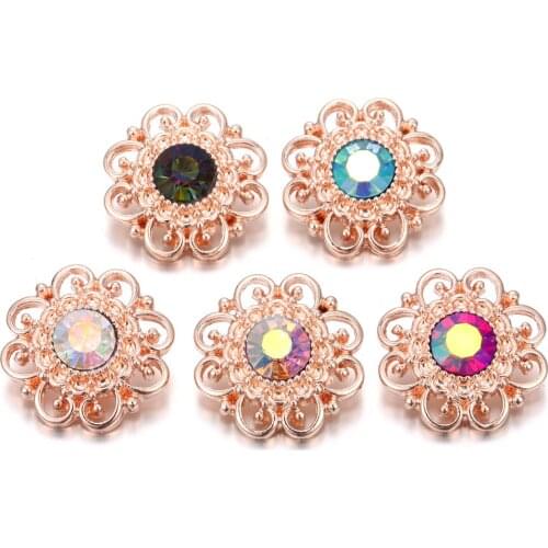 6pcs/lot New Snap Jewelry Lot Rose Gold Metal Crystal Rhinestone 18mm Flower Snap Buttons Fit Snap Button Bracelet Charm Jewelry