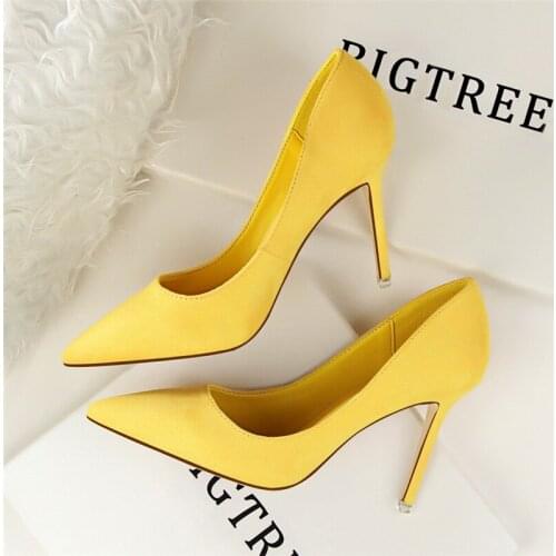 2021 Woman Elegant 10cm High Heels Yellow Purple Burgundy Pumps Lady Flock Classic Scarpin Bridal Plus Size 43 Party Prom Shoes