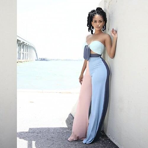 2021 Best Quality Famous Brand 2 pcs Women Set Patchwork Slash Neck Strapless Short Tops Long Pants Summer Beach Outfits