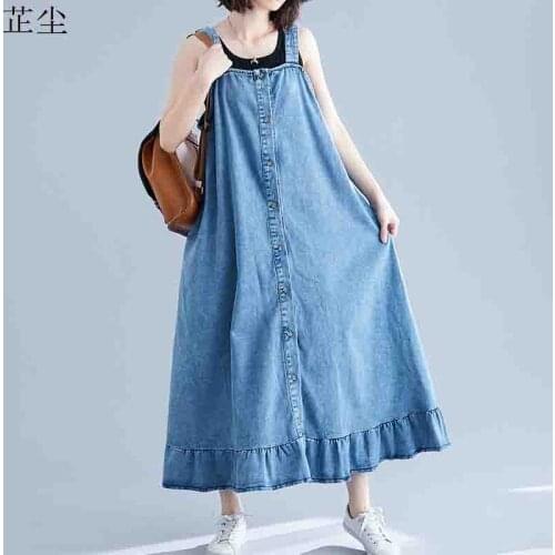 Plus Size Women Denim Dress Overalls Cotton Sexy Sleeveless Big Size Jeans Pockets Strap Dress Loose Female Vestidos Autumn 2019