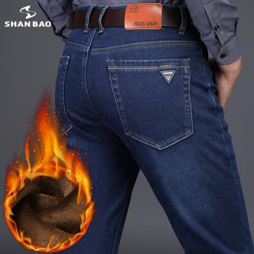 SHAN BAO 2021 Winter Brand Fleece Thick Warm Jeans Classic Badge Youth Mens Business Fit Straight High Waist Jeans Black blue