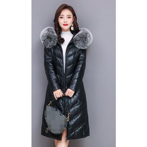 Winter High Quality Leather Down Jacket Female 2020 New Street Slim Fit Fox Fur Collar Long Overcoat Warm Down Coat Plus Size