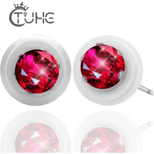 2019 New Fashion Bling Ceramic Earrings With Big AA Red CZ Brincos Silver Plated Stainless Steel Stud Earrings For Engagement