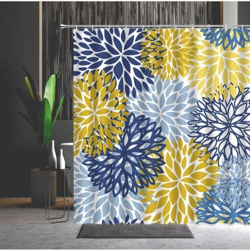 Abstract Blue Yellow Flower Shower Curtain Dahlia Floral Pattern Printed Home Decor Bathroom Screen Polyester Bath Curtains Set