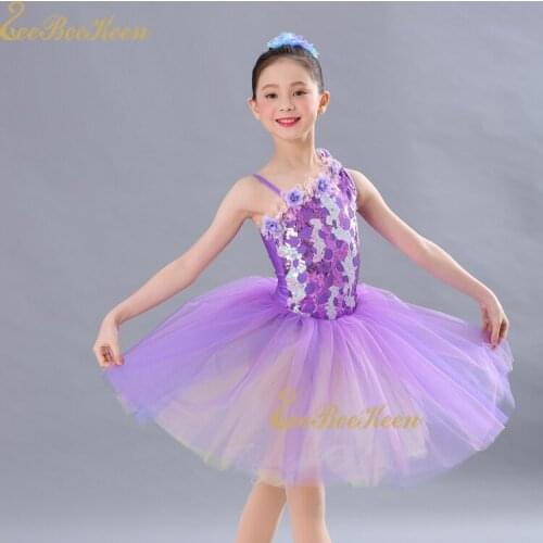Girl Tutu Ballet Dress Professional Ballet costume Women Sling Purple Sequins Diagonal Shoulder Flower Dance Dress For Children