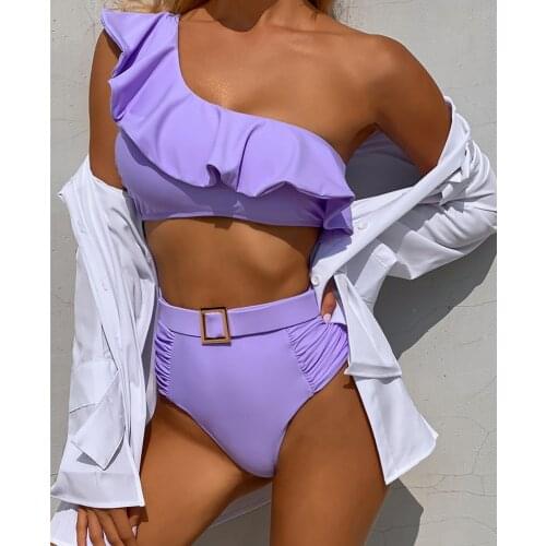 High Waist Bikinis Sexy Womens Swimsuits purple Ruffle Swimwear One Shoulder Bathing Suits Lavender Beachwear Ruched Biquini