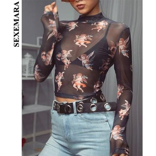BOOFEENAA Angel Print Black Mesh Crop Top Long Sleeve T Shirt Sexy Womens Graphic Tops New Trends 2019 Streetwear C87-G87