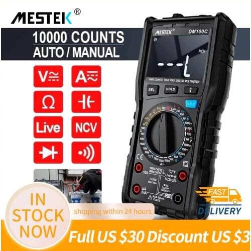 MESTEK DM100C True-RMS Digital Multimeter Button 10000 Count With Analog Bar Graph AC/DC Voltage Ammeter Current Ohm manual/auto