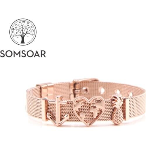Dropshipping Somsoar Jewelry Rose Gold anchor & pineapple & Heart MaP Mesh Bracelet Set Stainless steel Bangle for Women