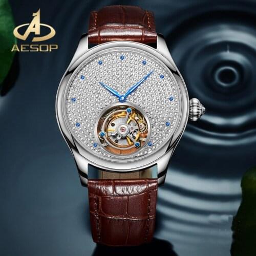 AESOP Real Tourbillon Watch Brown Leather Strap Men Mechanical Watch Double-sided Sapphire Glass Starry Dial Waterproof Watch