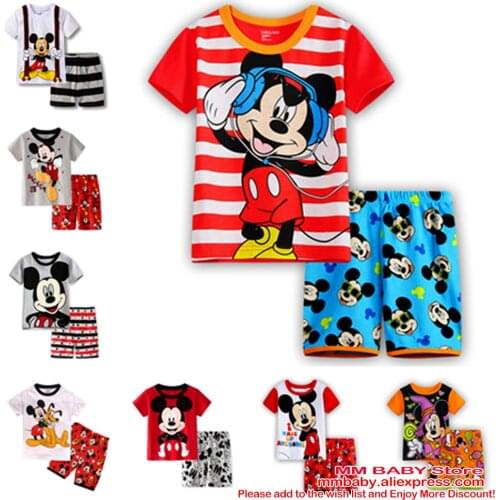 New Summer 2Pcs Toddler Girls Clothes Baby Short Sleeve Kids Mickey Minnie Cartoon Suit Boys Girls Cotton Set Children Clothing