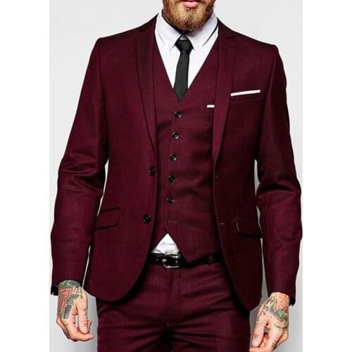 Burgundy Men Suits Slim fit for Prom Wedding Groom Tuxedos Notched Lapel 3 Piece Male Fashion Set Jacket with Pants Vest New