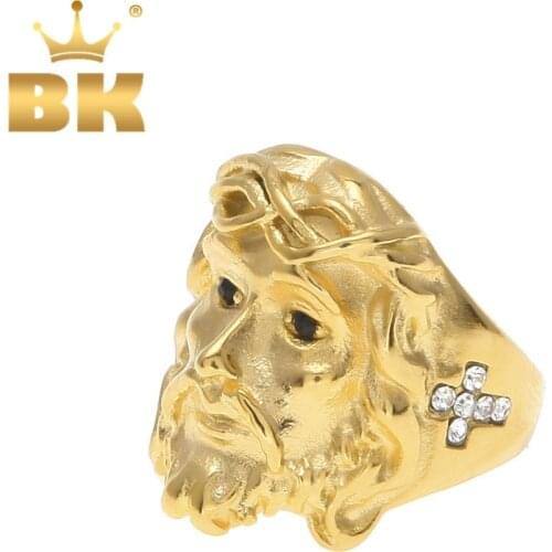 THE BLING KING Gold Color Stainless Steel Jesus Ring With Iced Out Rhinestones Cross Rings For Mens Top Quality Rings Jewelry