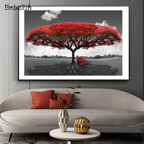 1 Pieces Hot Landscape Wall Art Pictures For Living Room Long Red Bench Under Big Tree Home Decor Large Posters C anvas Painting