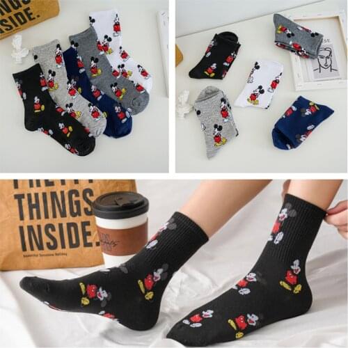 New Spring Summer 5 Pairs Medium Socks Girls Cotton Color Novelty Women Fashion Cute Disney Mickey Mouse Casual Funny Sock