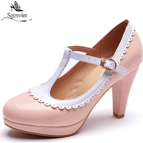 Sgesvier Mary Jane Shoes For Woman Hoof Heels Lolita T-Strap Wedding Pumps Thick Heels Shoes Bridal Princess Footwear Plus 48