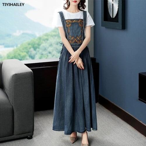 TIYIHAILEY 2021 New Free Shipping Vintage Women Long Maxi Summer Denim Cotton S-XL Sleeveless Embroidery Bid Hem Dresses
