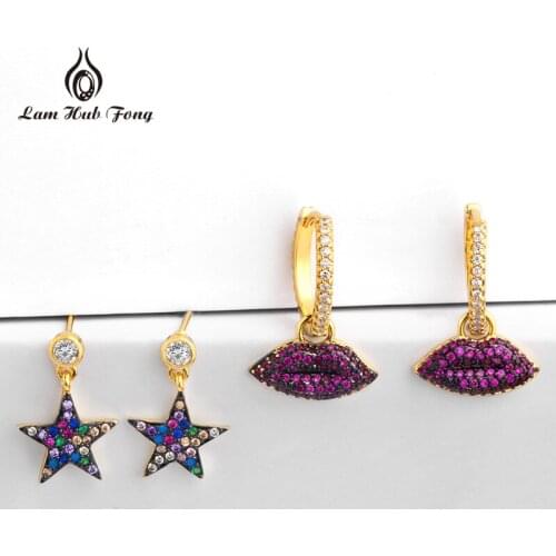 Creative Lips Star Round Hoop Earrings with Colorful Cubic Zirconia Fashion Ear Jewelry Gift for Women 2021 Party Accessories