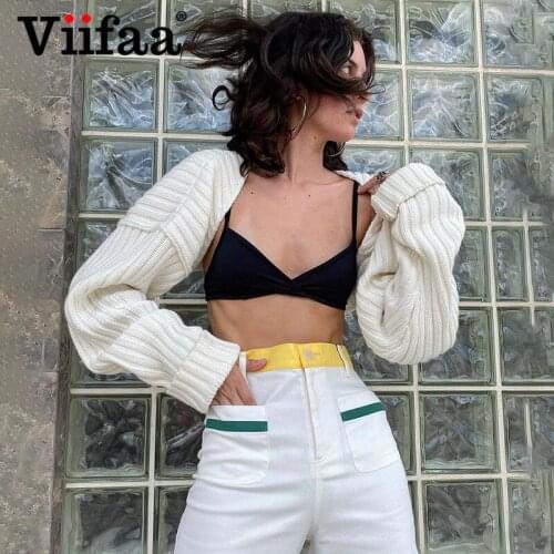 Viifaa White Knitted Long Sleeve Sexy Cropped Top Cardigan Sweater Women Autumn Fashion Streetwear Cardigans Oversize