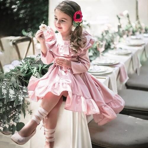 Vintage Girls Princess Dress Long Sleeve Kids Dress Ruffles Baby Girls Dresses Children Costumes For Evening Party Pink