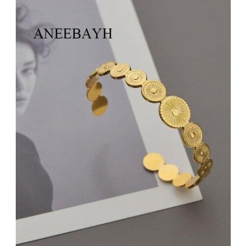 Vintage Round Open Metal Bangles For Women Adjustable Stainless Steel Sun Shape Textured Bangles Bracelet Jewelry Pulseras Mujer
