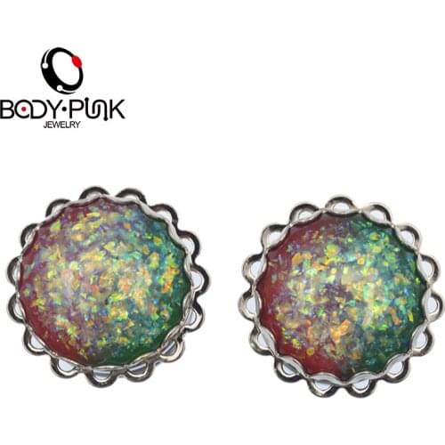 BODY PUNK Ear Plugs Stainless Steel Red/Green Mix Opal Double Flare Ear Expander Gauge Tunnel Trendy Body Piercing Jewelry