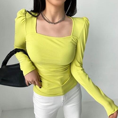 New Autumn Winter Folds Long Sleeve Women T-shirt Ladies Elegant Square Collar Slim Stretch Tops High Street Fashion Tee Shirt